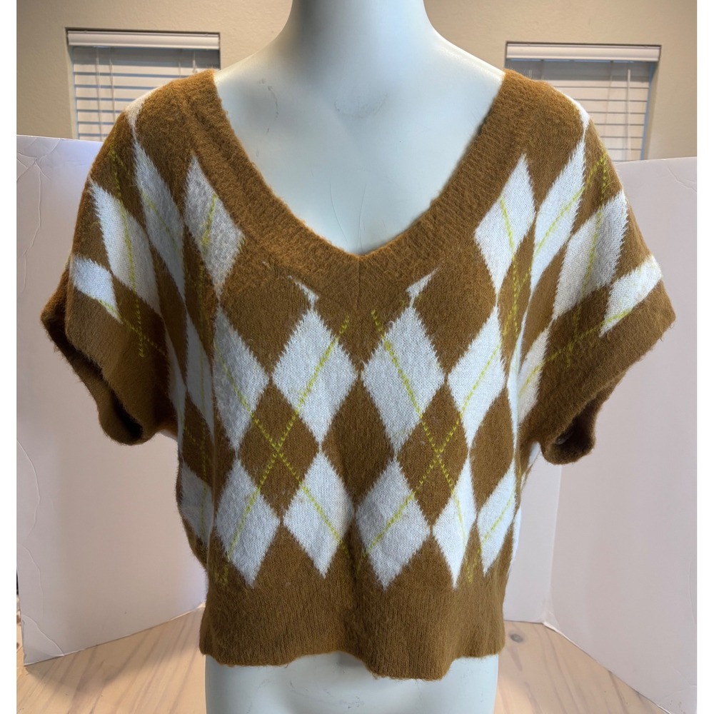 Free People Argyle V-Neck Sweater Vest‎ Brown White Fuzzy Cropped Small Preppy - Picture 6 of 11